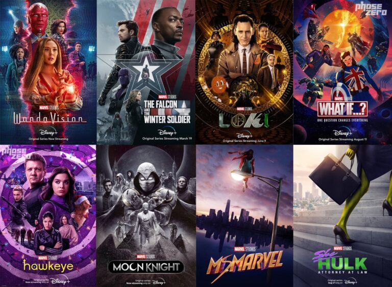 Коллаж постеров популярных сериалов Marvel с разными героями